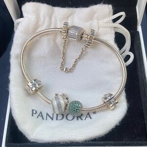 Brand New Pandora Two-Tone Charm Bracelet with Green Accent